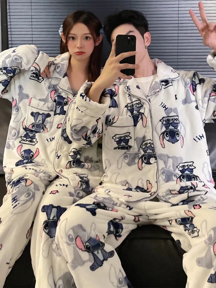 日系情侶睡衣女秋冬季珊瑚絨加絨加厚史迪仔男士春秋款家居服套裝