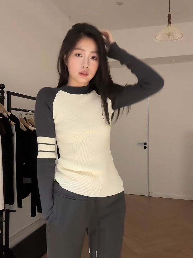 美式復古小眾短款內搭長袖針織衫毛衣女裝秋季修身顯瘦打底衫上衣