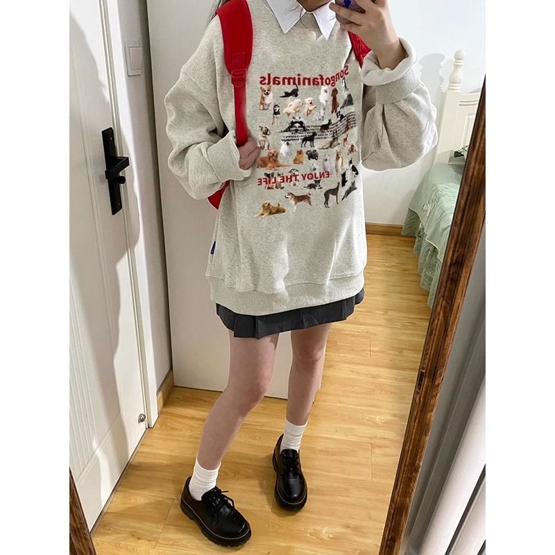 美式復古可愛卡通圓領狗狗春秋衛衣加絨學生寬鬆套頭外套印花上衣