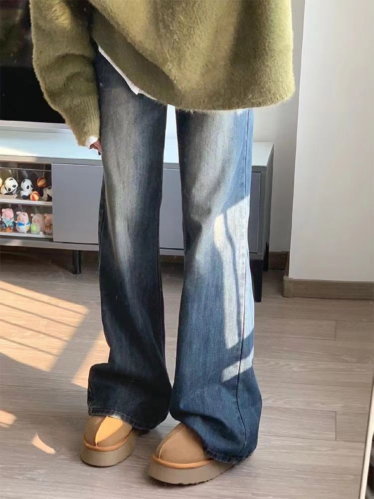 做舊不貼腿微喇牛仔褲女秋冬175高個子加長高腰寬鬆顯瘦喇叭褲子