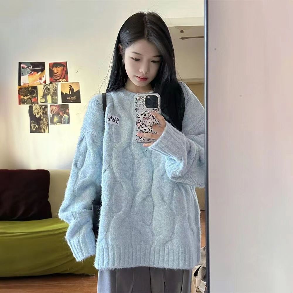 甜美奶fufu軟糯麻花毛衣女秋冬寬鬆慵懶風圓領百搭套頭針織衫潮