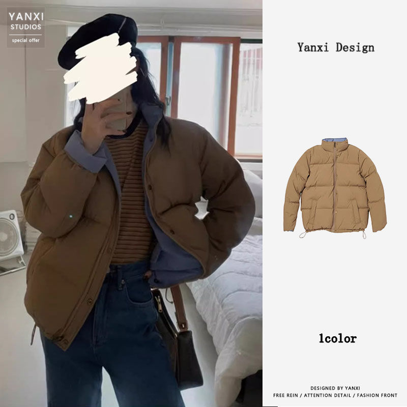 韓版撞色正反兩穿棉服女2023新款小個子高級感寬鬆麵包服冬季外套