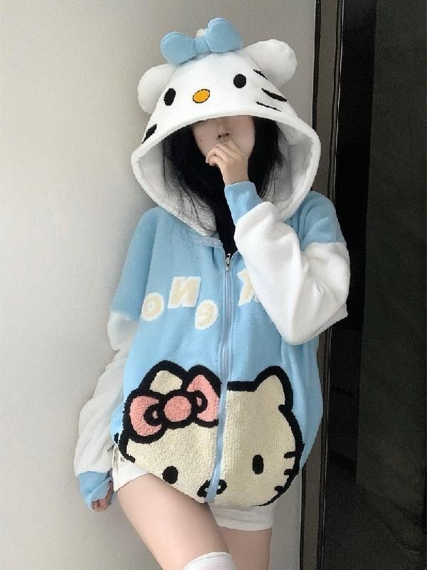 國潮美式可愛凱蒂貓羊羔絨連帽衛衣拉鏈外套女寬鬆秋冬情侶絨衫潮