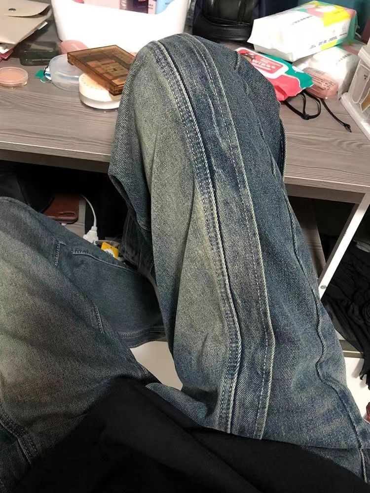 設計感拼接闊腿牛仔褲女秋季小個子高腰寬鬆顯瘦百搭直筒拖地褲潮