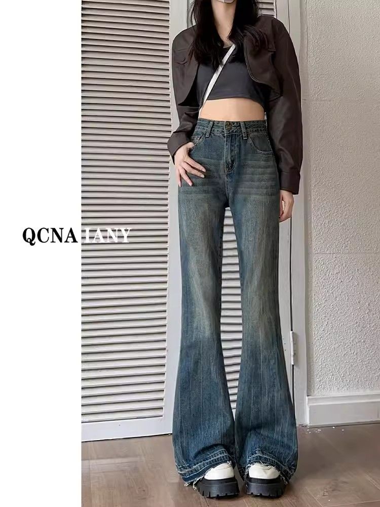 美式復古微喇牛仔褲女2023秋冬新款高腰寬鬆顯瘦不貼腿喇叭褲ins