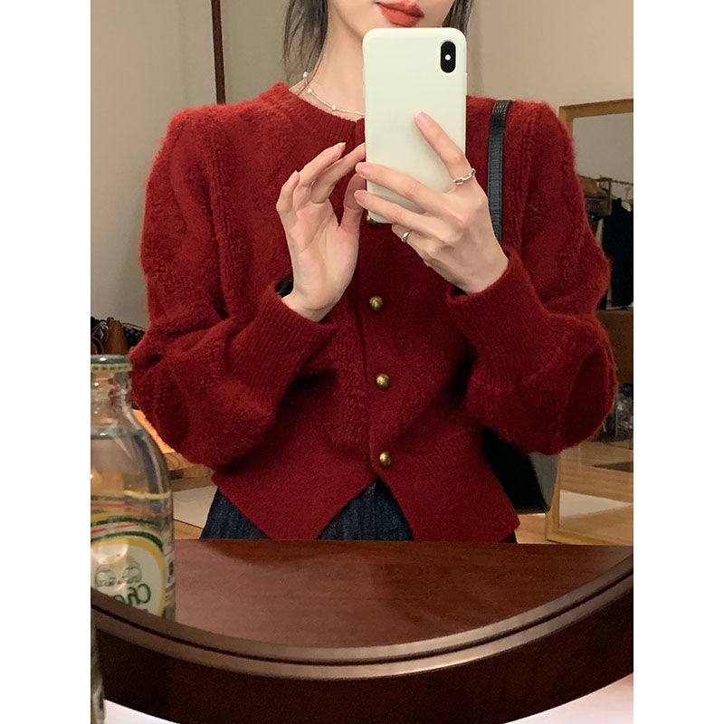 画朴法式复古红色小香风针织衫女装秋冬季新款高级感保暖毛衣