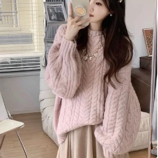 Breast fufu soft glutinous lazy style retro gentle pink sweater women's autumn and winter thick outer wear loose knitted sweater top