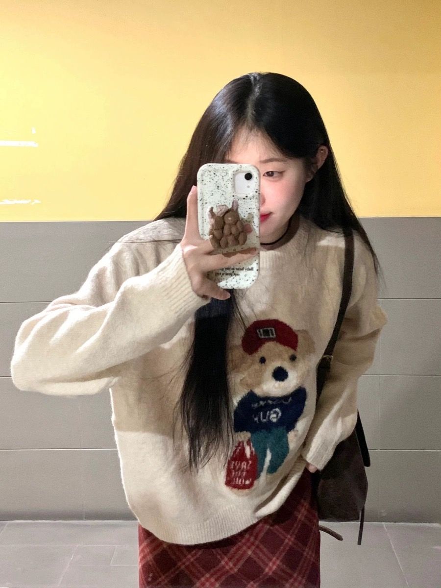 MINETTE軟糯慵懶風小熊毛衣女秋冬2023新款韓版寬鬆套頭針織上衣