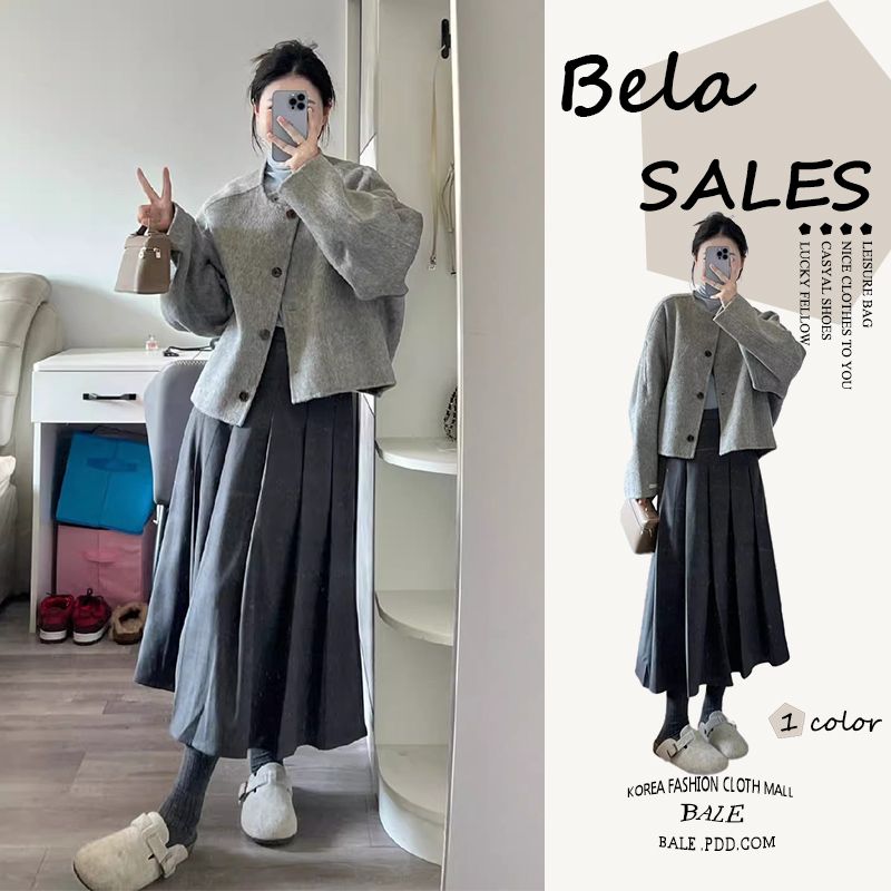 灰色短款毛呢外套女秋冬季圓領韓版寬鬆小香風小個子氣質呢子大衣