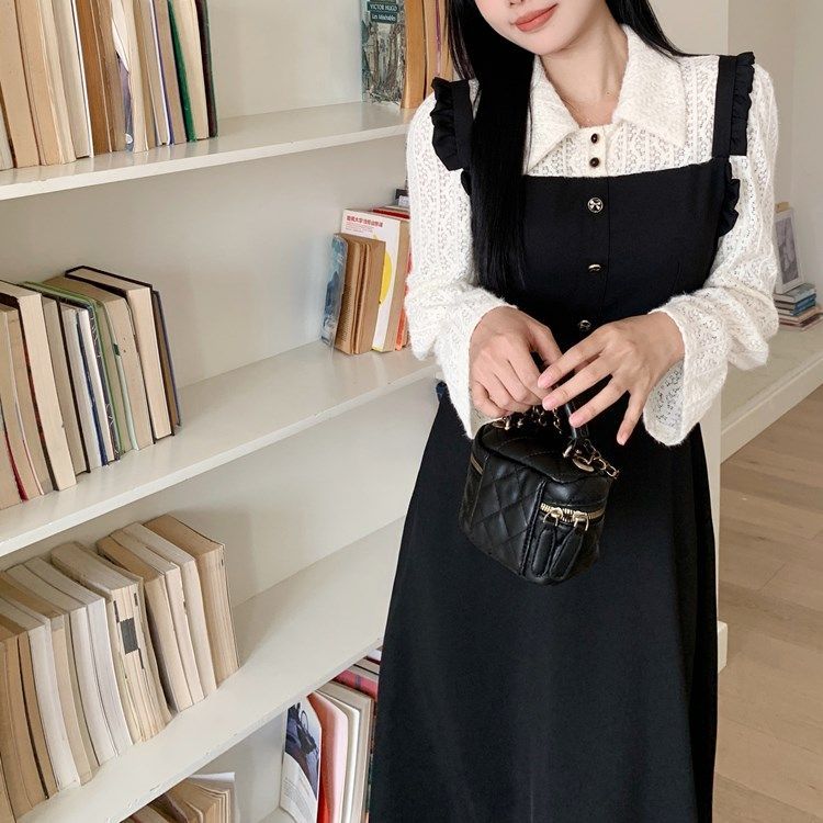 大碼法式氣質a字裙子女秋冬胖mm顯瘦遮肚赫本風假兩件黑色連衣裙