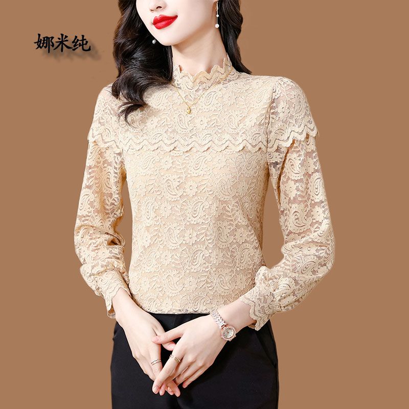 半高領蕾絲上衣女2023秋冬季新款百搭時尚減齡洋氣保暖加絨打底衫