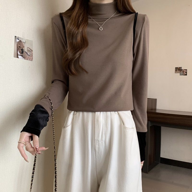 半高領磨毛長袖T恤打底衫女秋冬新款大碼微胖mm顯瘦正肩內搭上衣