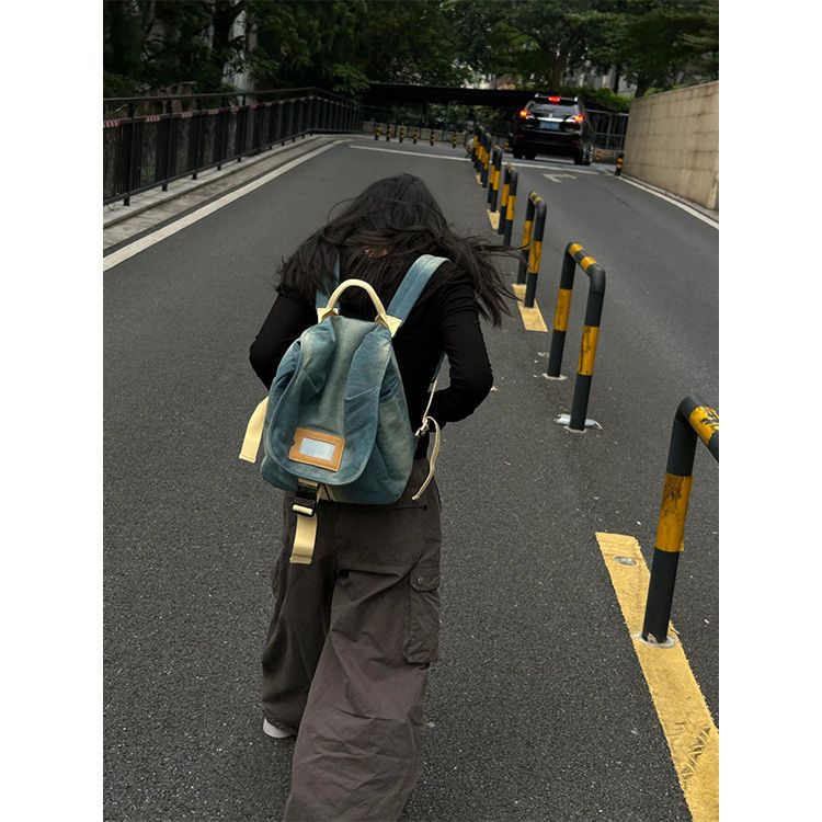 自製新品時尚水洗復古撞色牛仔手提雙肩包簡約休閒通勤大容量背包