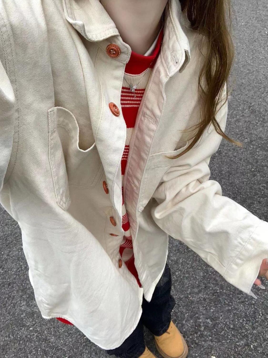 奶杏色純棉襯衫女2023秋冬款寬鬆休閒顯瘦情侶款長袖襯衣開衫外穿