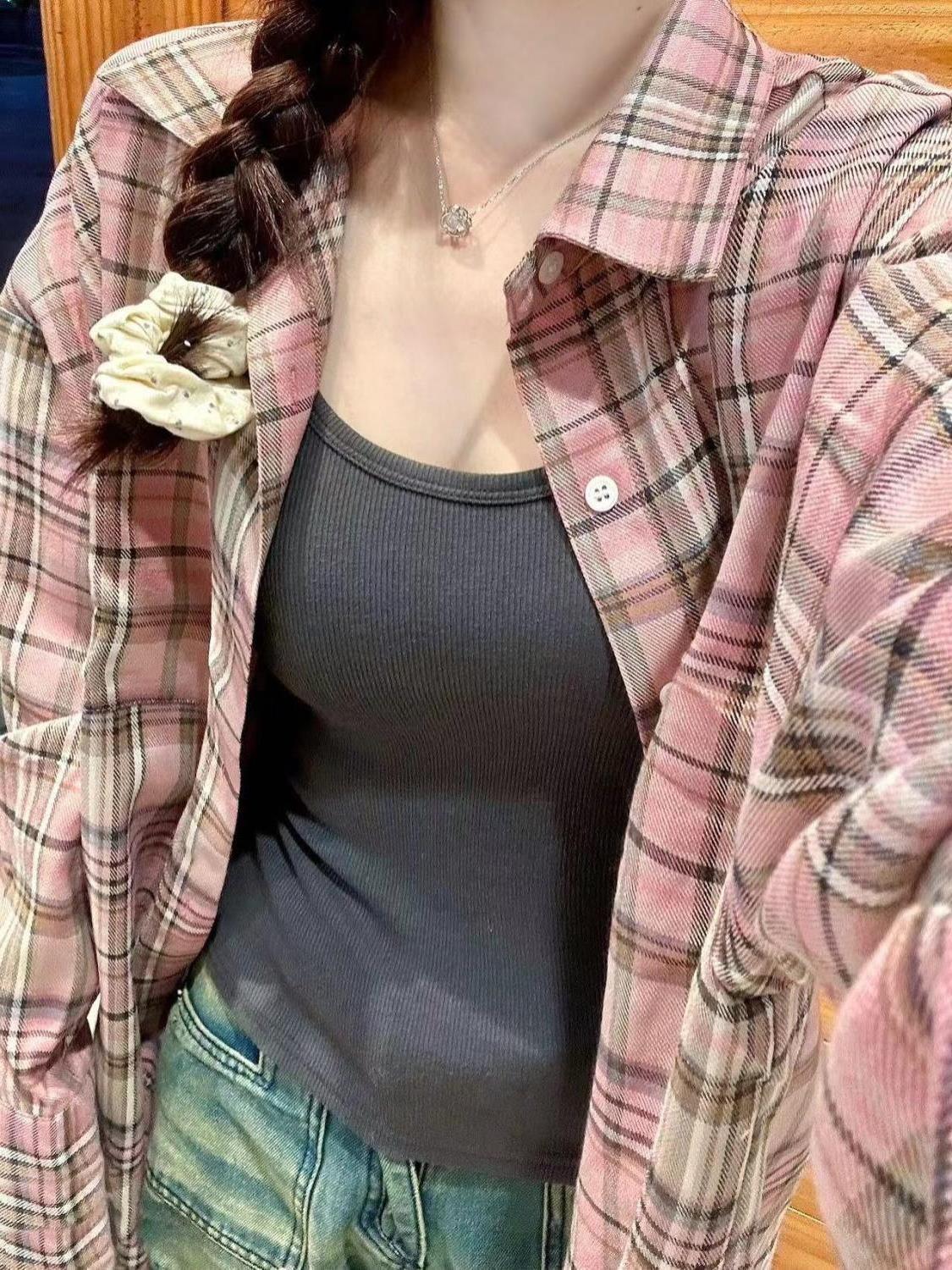 甜美粉色格子襯衫女打底內搭疊穿垂墜感慵懶中長款襯衣開衫外搭潮