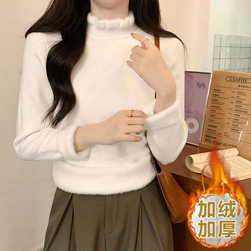 針織半高領毛衣T恤女秋冬加絨加厚白色打底衫內搭獨特别致上衣潮