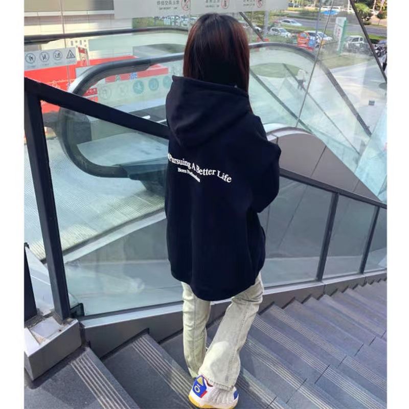 美式復古黑色連帽衛衣女寬鬆春秋冬季小眾設計感慵懶風上衣外套潮