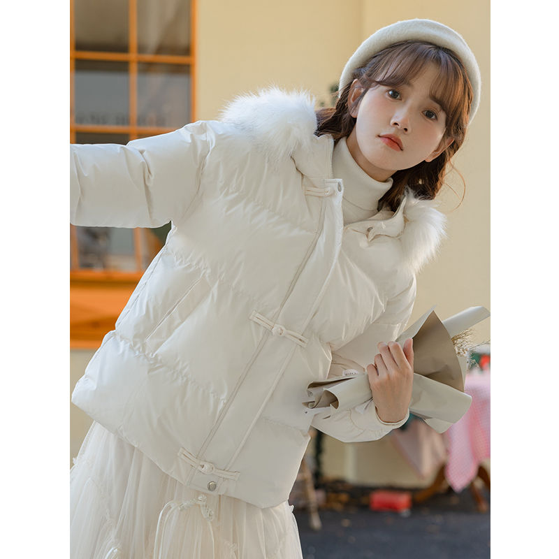 Winter thickened fur collar artistic down cotton coat for small people and short style new loose Christmas red New Year coat and cotton coat