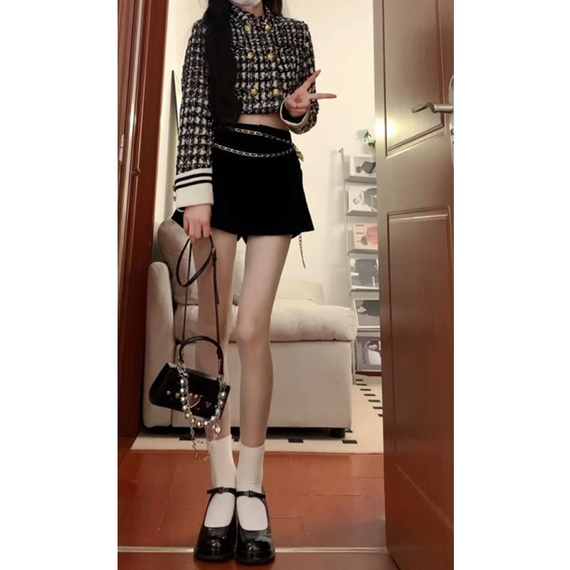 復古小香風格子外套上衣套裝女秋冬甜辣修身長袖開衫高腰闊腿短褲