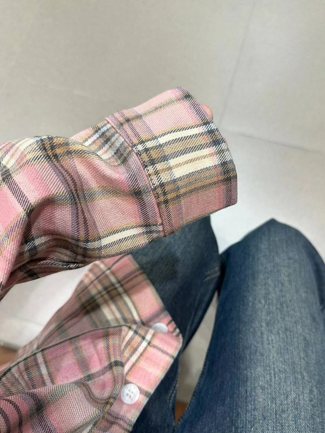 韓系甜美粉色格子襯衫外套女秋冬款小眾設計感百搭顯瘦襯衣外搭潮