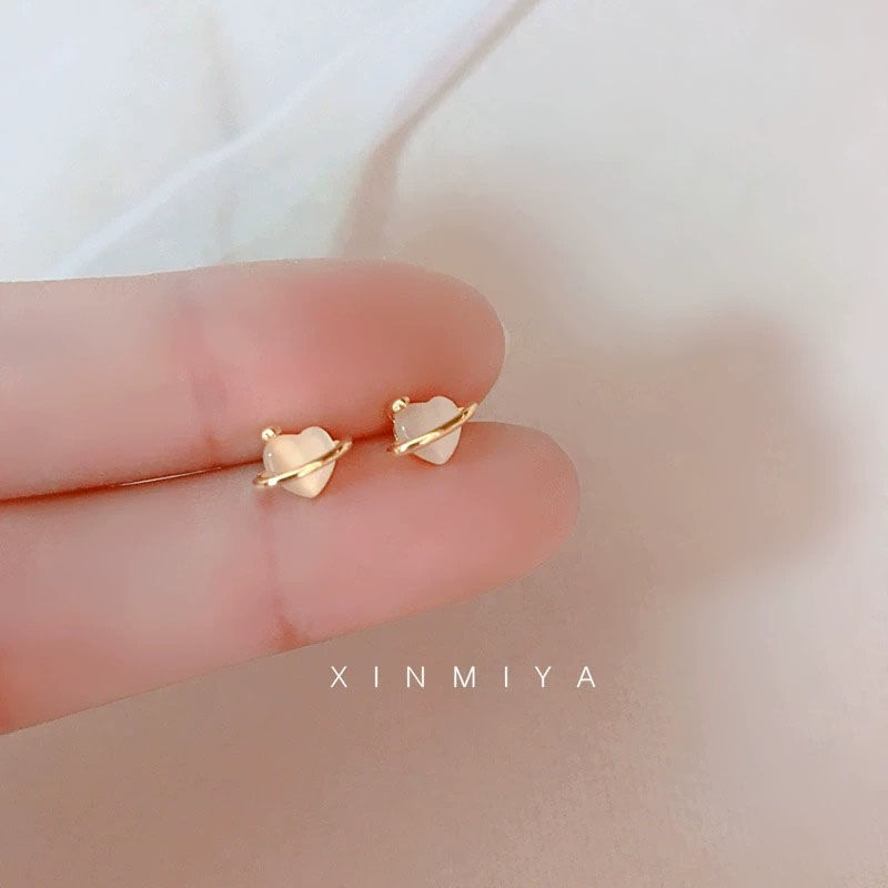純銀耳釘精緻愛心貓眼石女2023年新款潮高級簡約小巧氣質耳環銀針