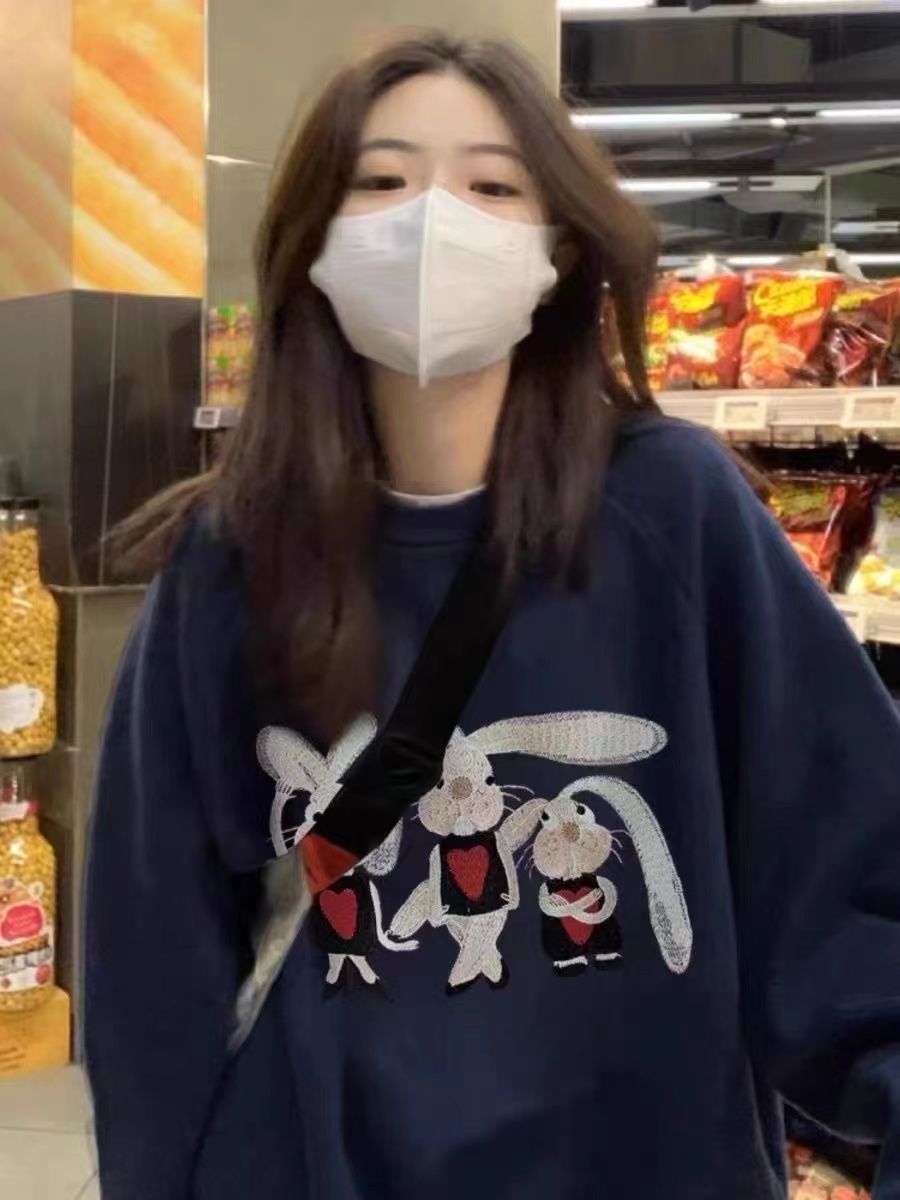 美式秋冬新款小眾設計感薄款圓領衛衣男女情侶款加絨韓系潮牌上衣