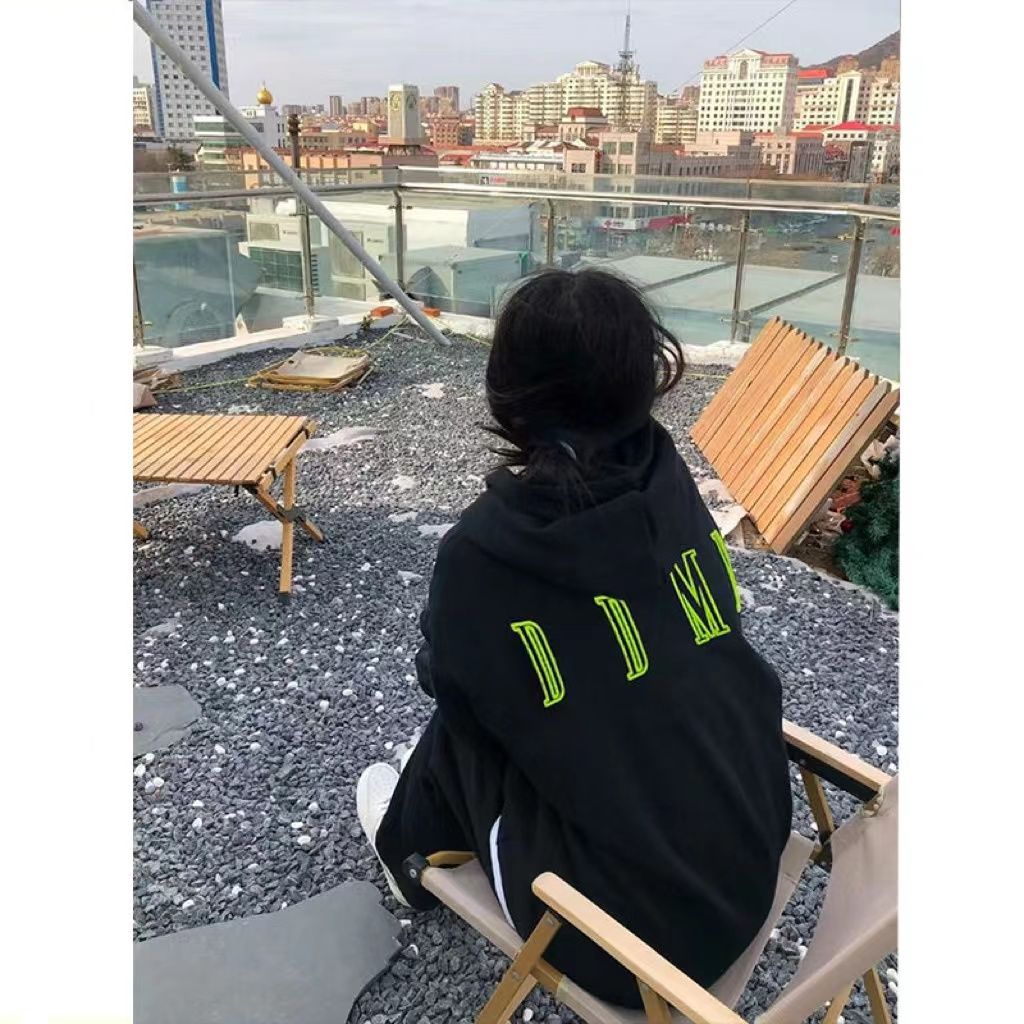 美式復古黑色連帽衛衣女寬鬆春秋冬季慵懶風oversize長袖上衣外套