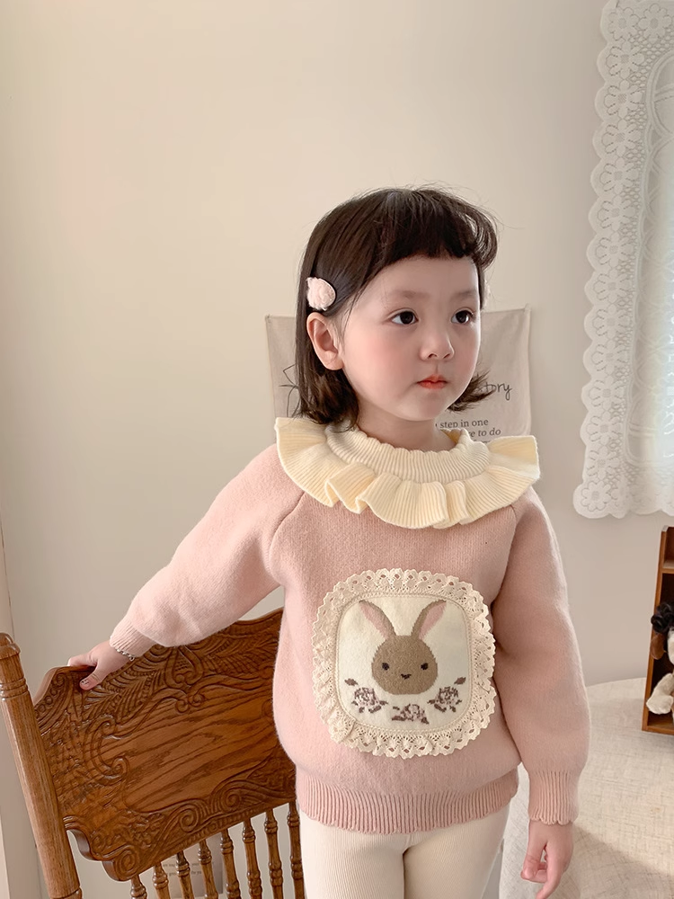 女童韩版针织毛衣秋冬款2023新款洋气加绒加厚套头韩系兔子花边潮