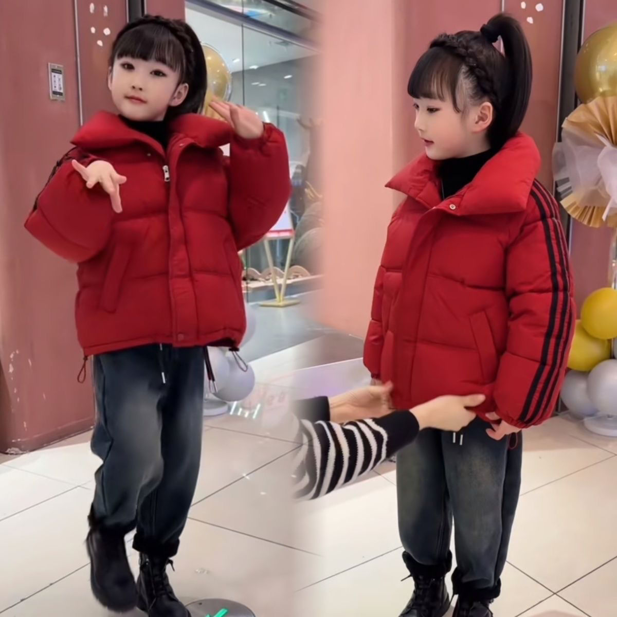 女童棉服外套冬装2023新款网红女大童加绒牛仔裤儿童厚棉袄两件套