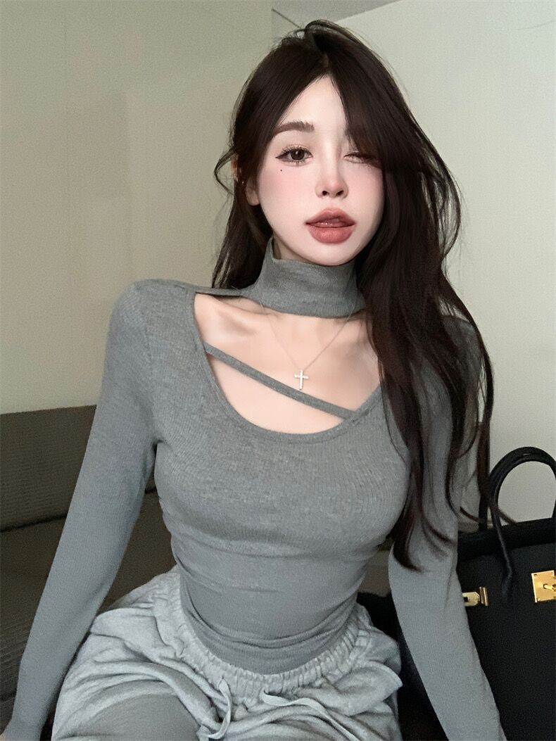 時尚設計感掛脖露瑣骨緊身上衣女士春秋純欲風性感短款辣妹t恤冬