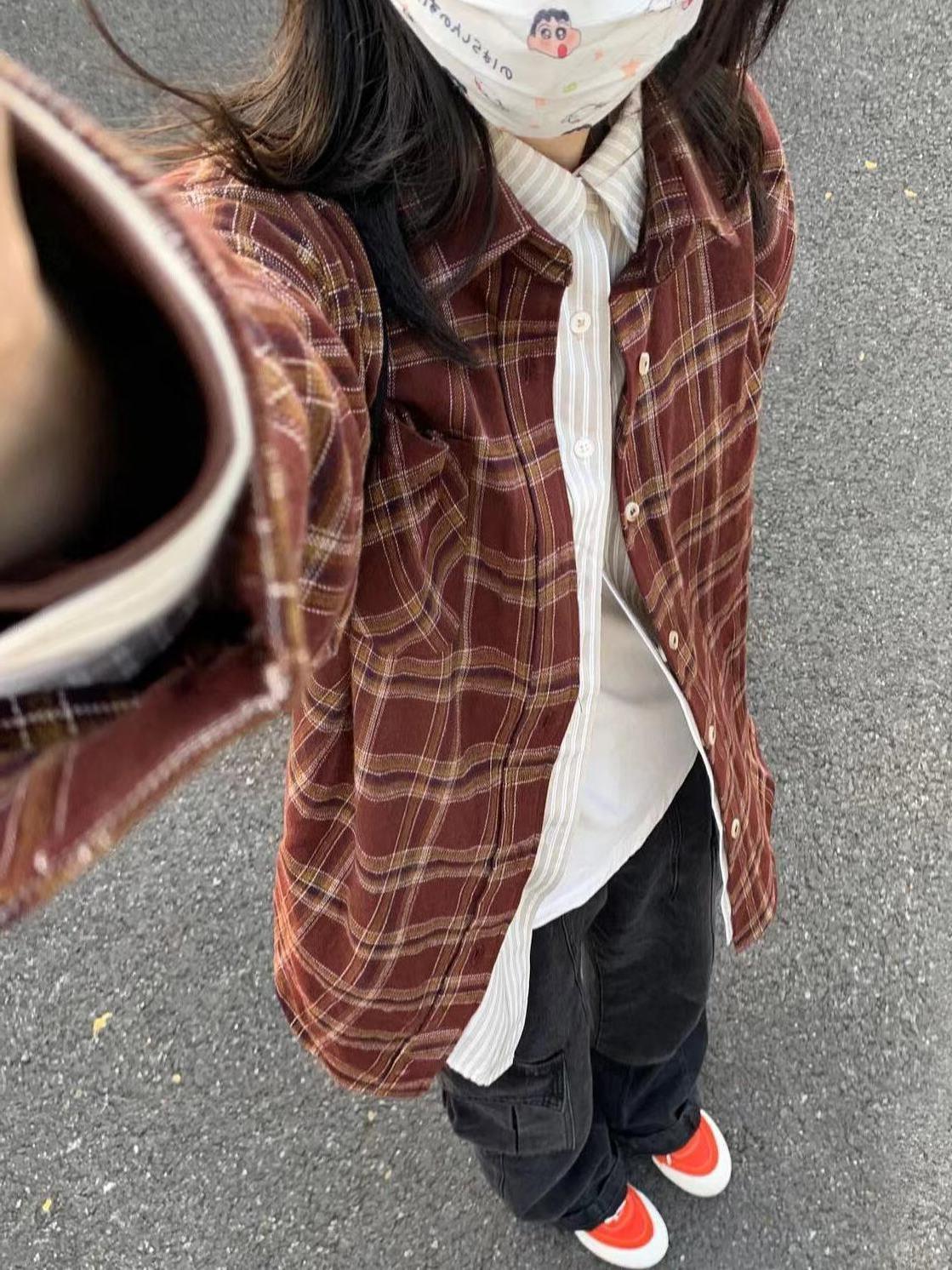 復古潮牌紅色格子襯衫外套女寬鬆百搭顯瘦內搭打底襯衣開衫ins潮