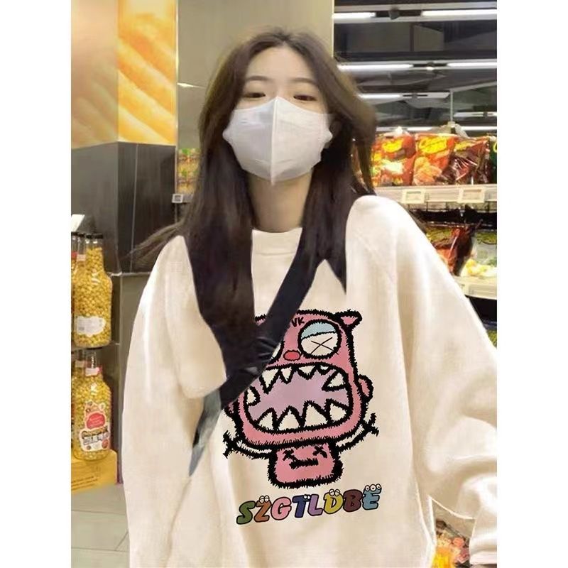 美式復古杏色圓領衛衣女寬鬆秋冬季小眾設計感慵懶風學生上衣外套
