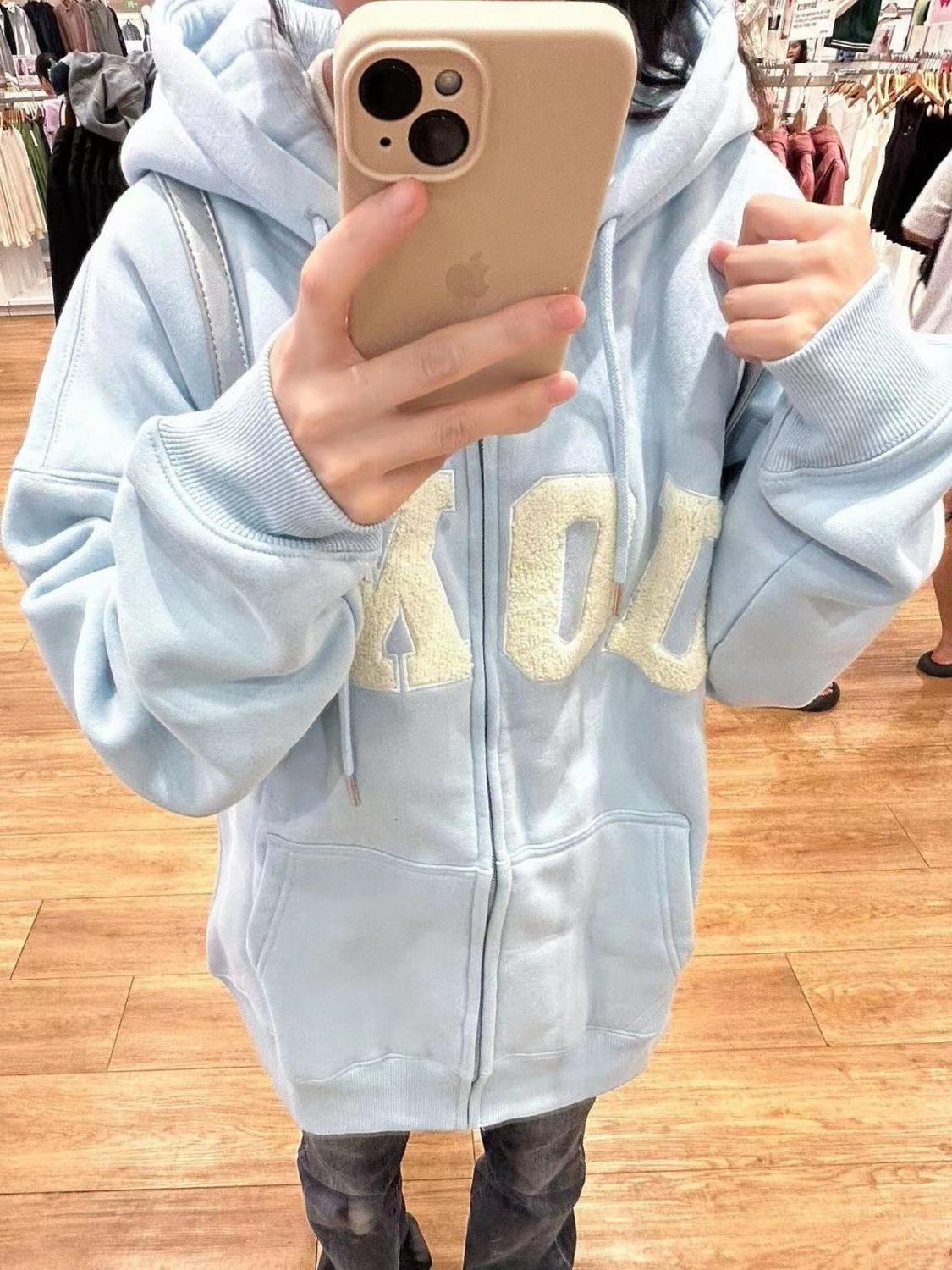 美式潮牌加絨加厚藍色衛衣外套女冬季最新款寬鬆慵懶垂墜感開衫潮
