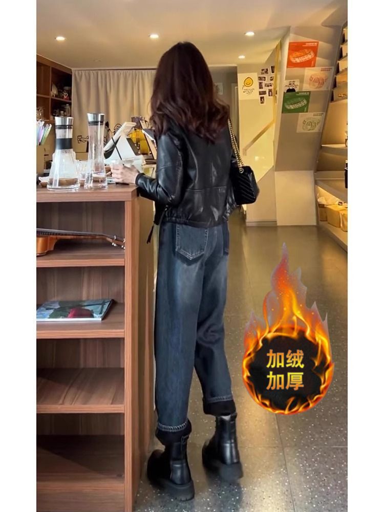 2023秋冬新款直筒牛仔褲女高腰顯瘦加絨加厚闊腿褲寬鬆大碼老爹褲