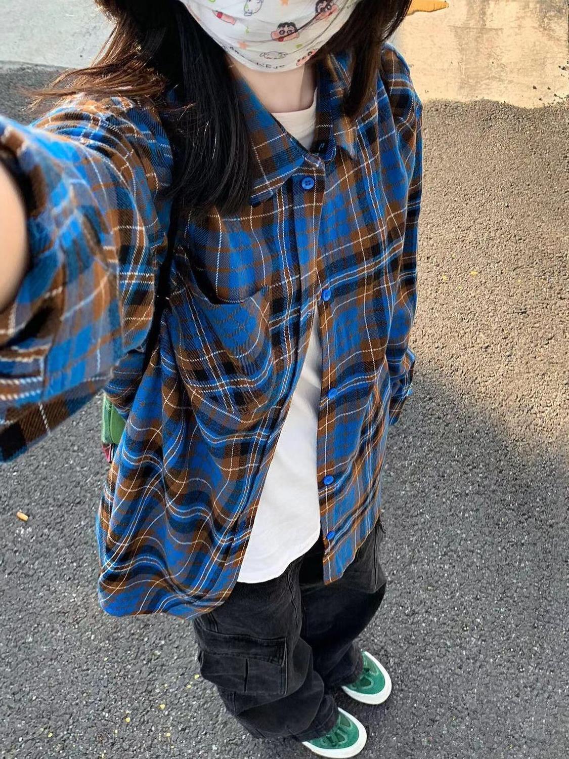 美式潮牌藍棕色格子襯衫外套女秋冬內搭打底疊穿百搭休閒襯衣開衫