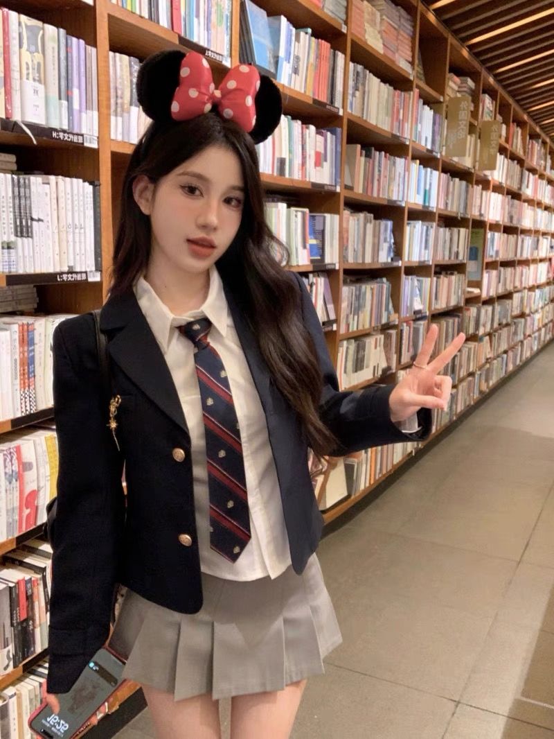 美式學院風套裝女西裝短外套秋季白色襯衫純欲辣妹百褶短裙三件套