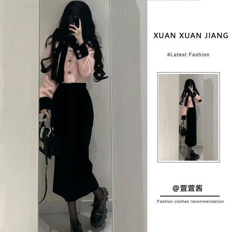 套裝女2023秋冬新款純欲風辣妹拼接短款毛呢外套高腰顯瘦半身裙