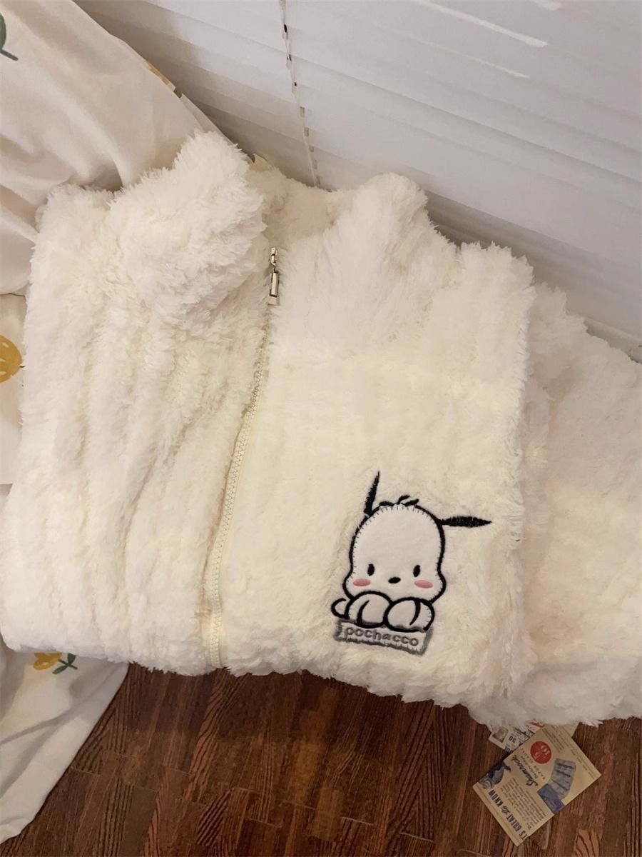 日系可愛ins風帕恰狗珊瑚絨睡衣女秋冬季加厚加絨拉鏈套裝家居服