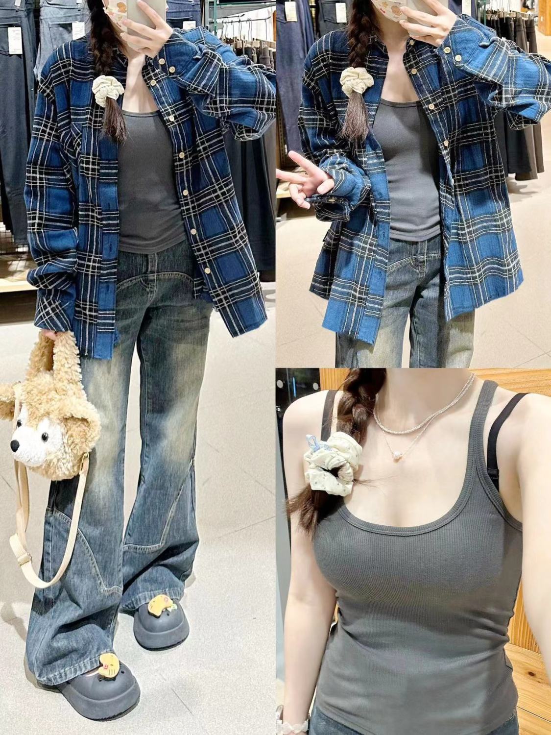 美式潮牌藍色格子襯衫外套女秋冬款百搭休閒情侶長袖襯衣外搭ins