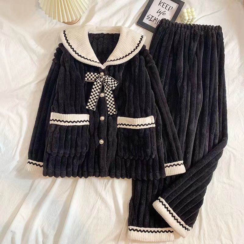 海軍領睡衣女秋冬季珊瑚絨加厚保暖網紅風蝴蝶結小香風家居服套裝
