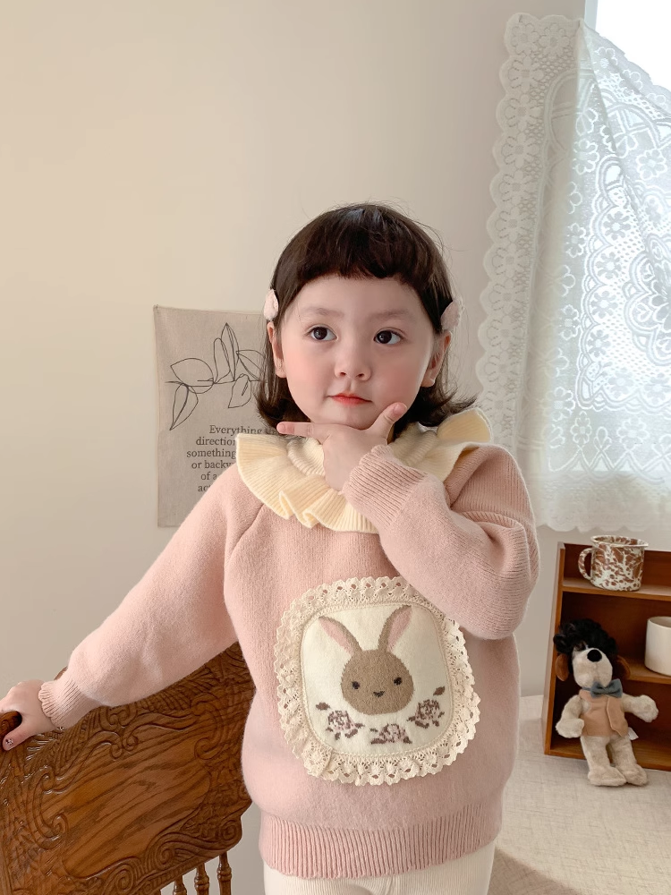 女童韩版针织毛衣秋冬款2023新款洋气加绒加厚套头韩系兔子花边潮