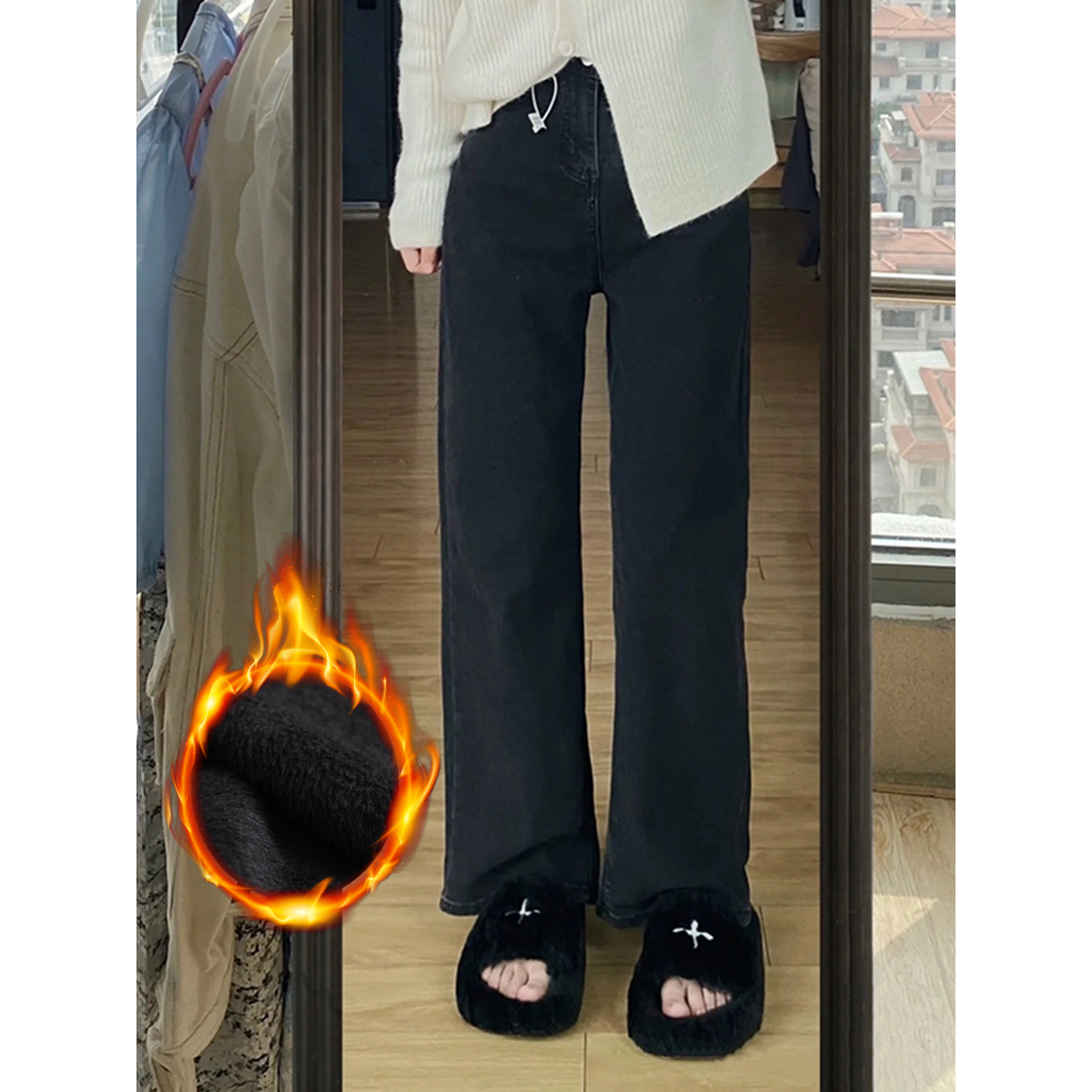 美拉德黑色加絨直筒褲牛仔女秋冬ins新款高腰顯瘦闊腿拖地褲子潮