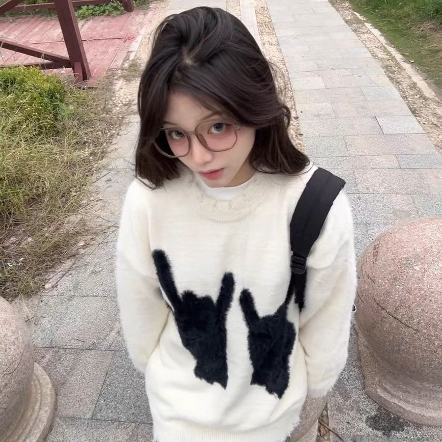 新款國潮牌高街破洞圓領毛衣男女秋冬學生情侶慵懶上衣寬鬆針織衫