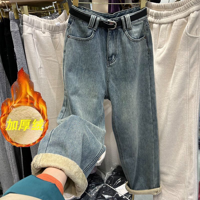 韓版高腰加絨加厚牛仔褲女冬季新款寬鬆顯瘦百搭大碼九分直筒褲潮