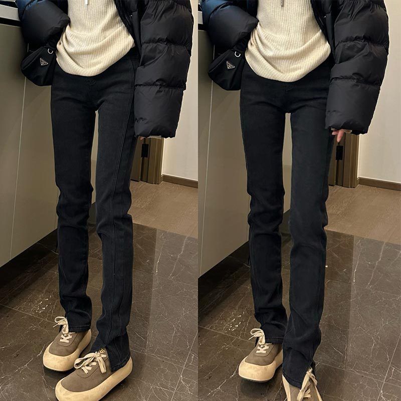 美拉德高個子黑色馬蹄牛仔褲女春秋款微喇叭褲顯瘦彈力修身拖地褲
