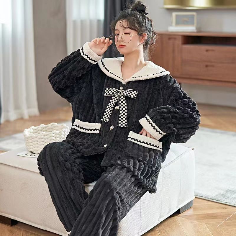 睡衣女冬天法蘭絨公主風娃娃領加絨加厚黑色珊瑚絨可出門冬季套裝