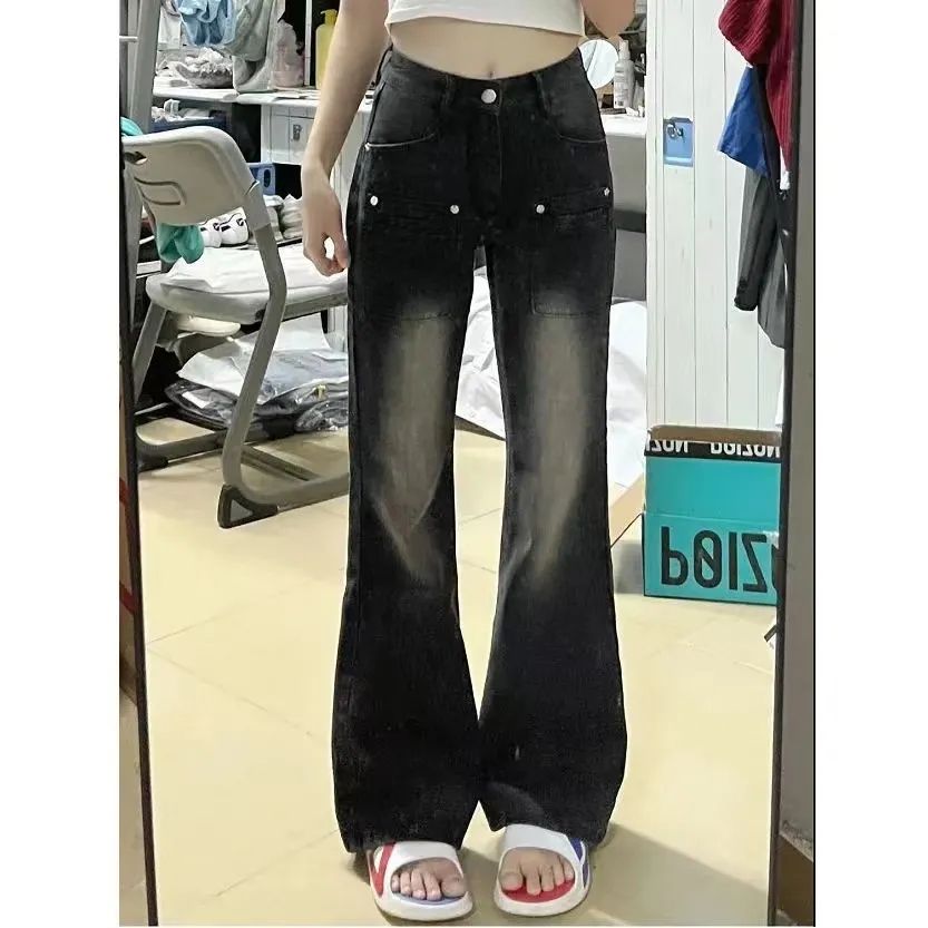 美式復古高腰微喇牛仔褲女2023秋冬新款寬鬆顯瘦設計感小眾直筒褲