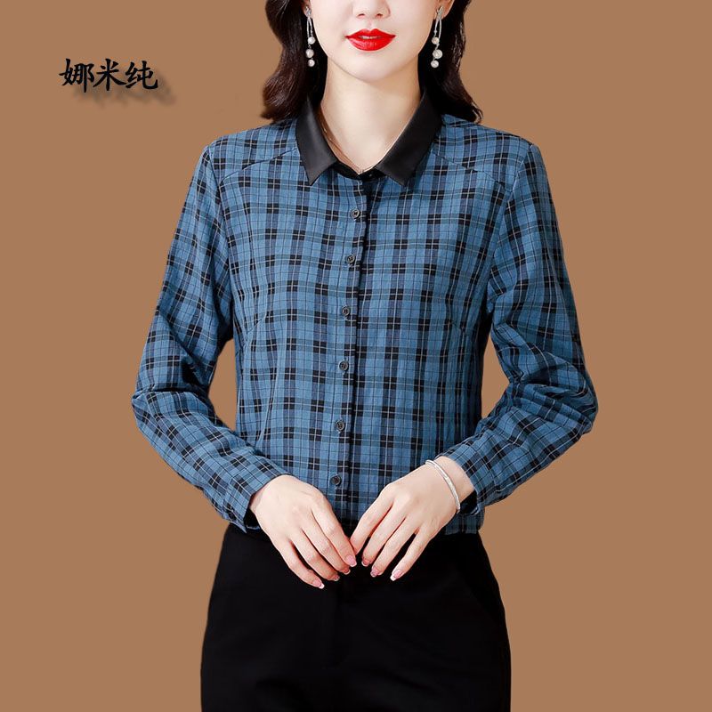 格子襯衫女春秋季新款翻領長袖減齡襯衣時尚媽媽寬鬆顯瘦百搭上衣