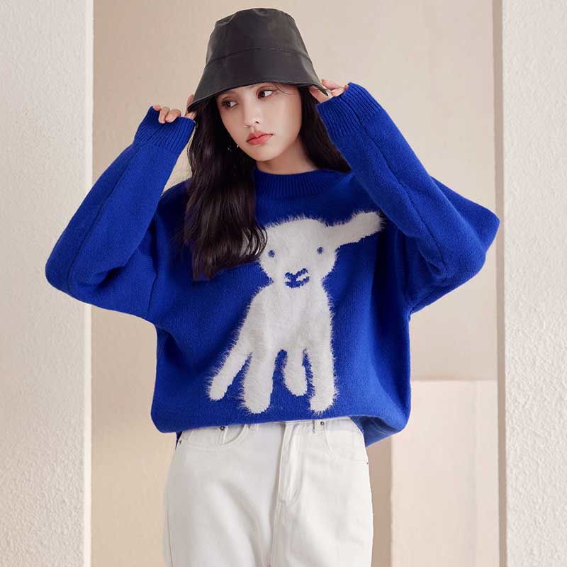 秋冬套頭軟糯克萊茵藍毛衣女設計感小眾寬鬆毛衣慵懶風小香風小眾