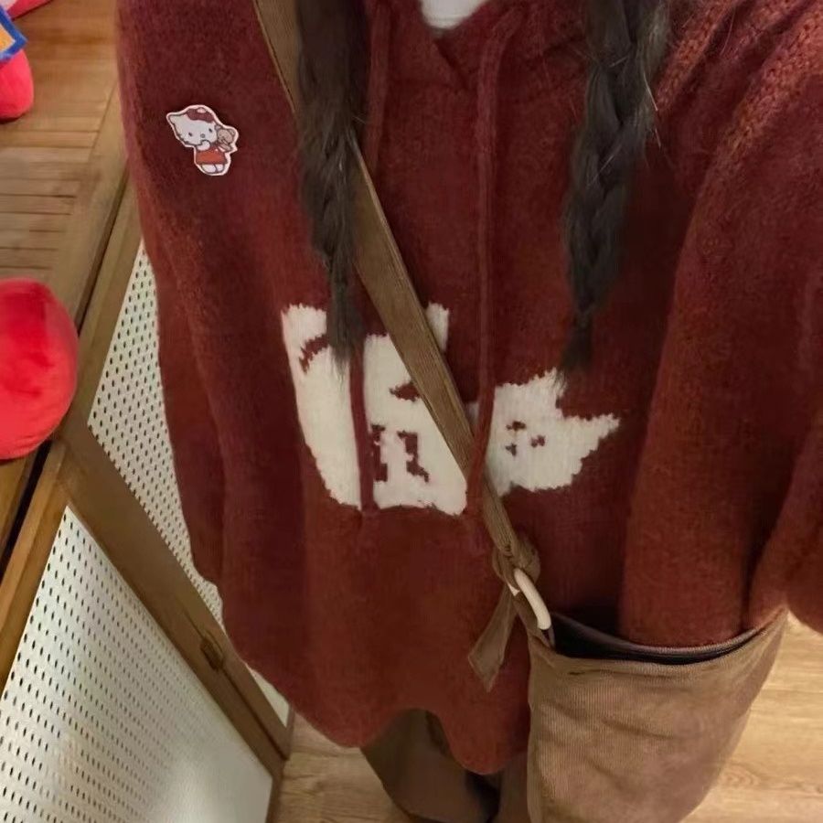 超軟糯!復古慵懶卡通提花連帽套頭毛衣女秋冬新款韓版寬鬆針織衫